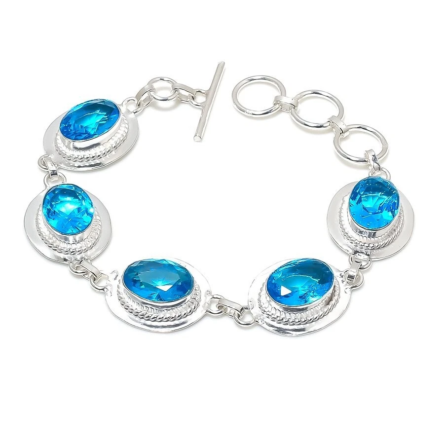 Швейцарский синий топаз драгоценных камней ручной работы 925 пробы ювелирных изделий браслет размер 7-8" - Изображение 1 из 1