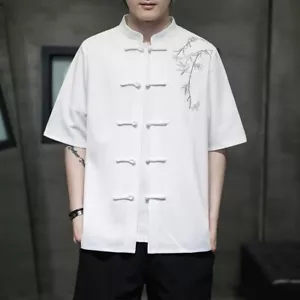 Camicia uomo bambù ricamata Hanfu manica corta top stile cinese vintage sciolta - Foto 1 di 15