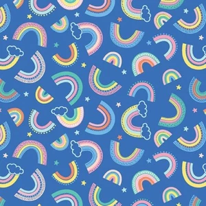 Feline Drive Fabric TWINKLE FLANNEL Rainbows Royal Blue Fat Quarter (18"x22") FQ - Picture 1 of 7