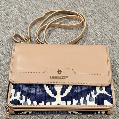 Bandolera de lino Spartina 449 Daufuskie Island beige azul blanco cartera 6" x 8" Foto 1 de 4