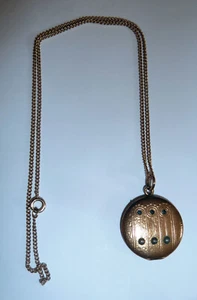 Art Nouveau 1910s 10K GOLD FILLED LOCKET Set w. Gemstone & Prl Chips Gilt Chain - Picture 1 of 4