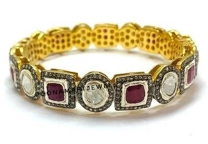 Natural Rose Cut Diamond Uncut Polki Ruby Bangle Solid 925 Sterling Silver - Picture 1 of 1