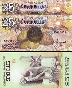 Seychelles 25 Rupees 1983, LOW Serial 0008**(First 1000), 2 Pcs PAIR, UNC, P-29 - Picture 1 of 4