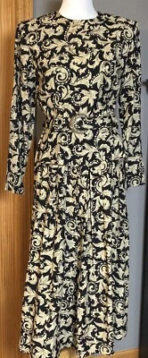 Vtg Jessica Howard Pleated Peplum Dress Sz 6 Midi Belted Paisley Beige Cocktail - Image 1 of 4