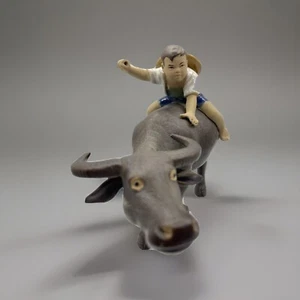 VINTAGE ASIAN SHIWAN MUD MEN HEAVY FIGURINE WATER BUFFALO WITH BOY RIDING MUDMEN - Picture 1 of 12