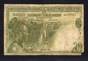 BELGIAN CONGO 20 FRANCS 1954 PICK # 26 VG. - Picture 1 of 2