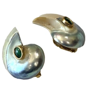 Natural NAUTILUS Shell Clip Earrings with a Malachite Center Left & Right Facing - Picture 1 of 9