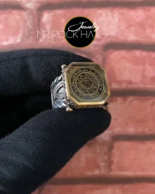 Selo de Salomão, Espada Zulfiqar, Arte de Gravura Feita à Mão, Anel Quadrado Masculino de Prata 925 - Imagem 1 de 4