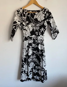 Annabelle Dress Womens Small Black White Floral Zip Half Sleeve Boat Neck Tie - Picture 1 of 9
