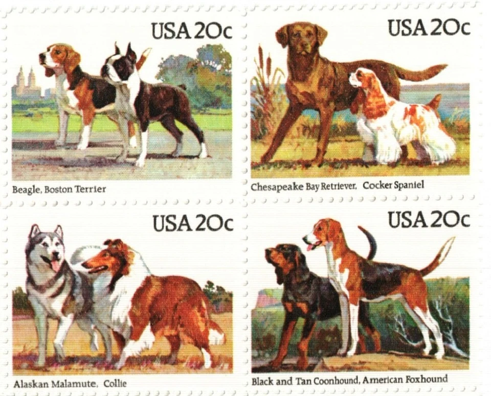 Estampilla postal de perros de Estados Unidos de 20¢ #2098-2101 x 100 individuales Foto 1 de 1