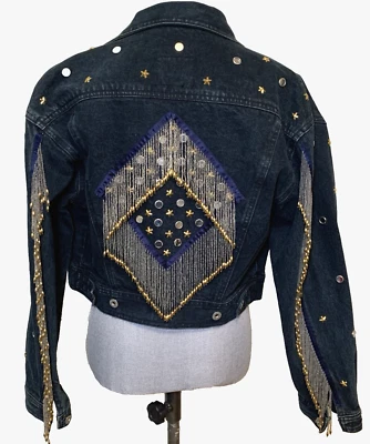 Винтажный DAKOTA синий с заклепками бисером бахрома укороченный джинсовой ткани джинсовая куртка M звезда запонки синий! - Изображение 1 из 4