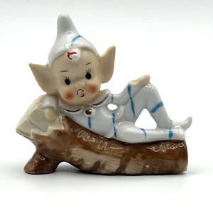 Vintage MCM White Blue Pixie Elf Sitting On Log Figurine with Japan Stamp 3.5” - Picture 1 of 7
