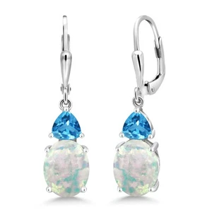 925 Sterling Silver White Simulated Opal and Swiss Blue Topaz Dangle Earrings - Picture 1 of 4