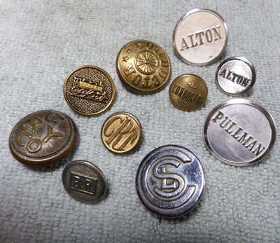 10 Vintage Antique Metal Picture Railroad Uniform Buttons ALTON PULLMAN others - Image 1 of 4