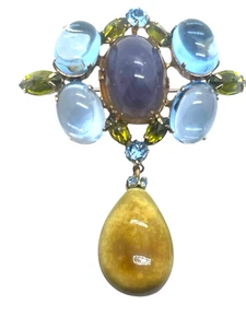 Blue Glass Cabs, Opalescent Center Stone Signed Schreiner New York Dangle Brooch - Picture 1 of 3
