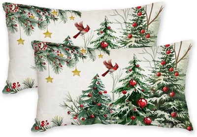 Christmas Pillow Cover 12X20 Set of 2, Red Baubles Christmas Tree Bird Stars - Image 1 of 4