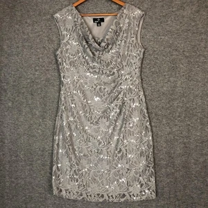 Ronni Nicole Dress Womens 12 Silver Gray Sequin Lace Sheath Sleeveless Cowl Neck - Picture 1 of 14