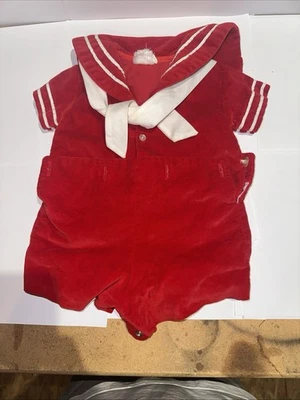 Conjunto de roupa macacão vintage bebê menino veludo vermelho 3 6 meses usado. - Imagem 1 de 4