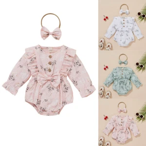 Newborn Infant Baby Girl Clothes Flower Romper Bodysuit Jumpsuit Headband Set - Bild 1 von 18