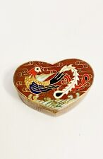 Vintage Red Rooster Cloisonné Blue Enamel and Bronze Heart Trinket Chicken Box