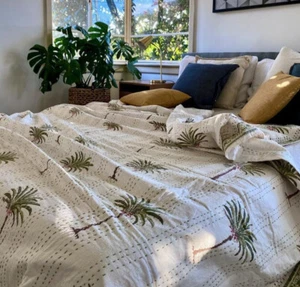 Plam Tree White Color Throw Kantha Quilt Cotton Bedding Decor Quilt 90x108 in - Picture 1 of 5