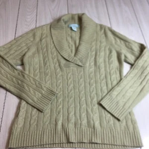 Celeste 100% Cashmere Cable Knit Shawl Collar Beige Pullover Size L - Picture 1 of 7