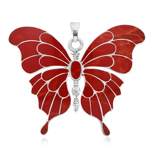 Precioso Colgante Grande Mariposa Multicolor Rojo Coral Plata Esterlina - Imagen 1 de 4