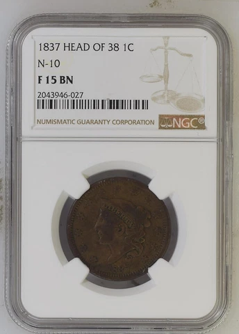 1837 Head of 38 N-10 NGC F15BN Coronet head large cent Cover