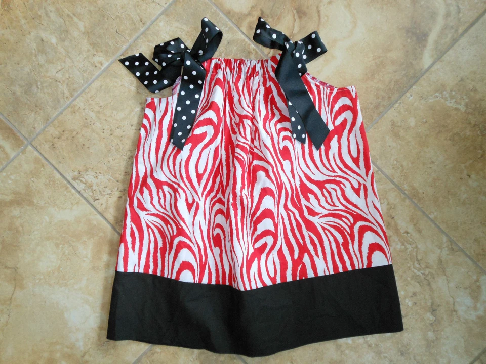 Девочки красный и белый зебра печати w/черный отделки мешок платье ручной работы размер 3/4/5 - Изображение 1 из 1