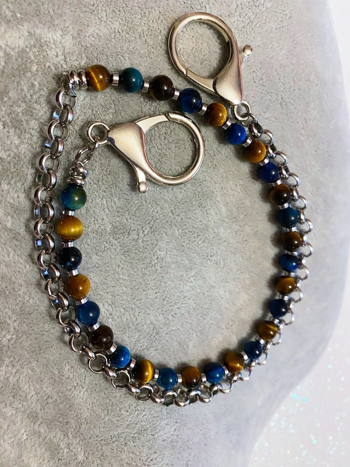 Catena Jeans da Uomo Pantaloni cinta Pietra Naturale Occhio di Tigre Blu 6mm - Immagine 1 di 4