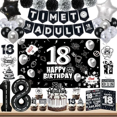 Suministros para fiestas de cumpleaños 18, decoraciones negras de cumpleaños 18 para niños y niñas Foto 1 de 4