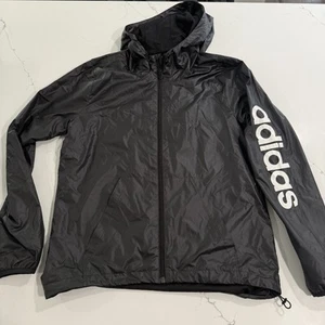 Adidas Jacket Women Small Black Windbreaker Hood Spell Out Outdoor Hike Rain - Picture 1 of 10