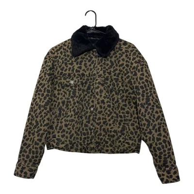 Chaqueta de mezclilla con estampado de leopardo EXPRESS negra cuello de piel sintética forro de sherpa para mujer M Foto 1 de 4