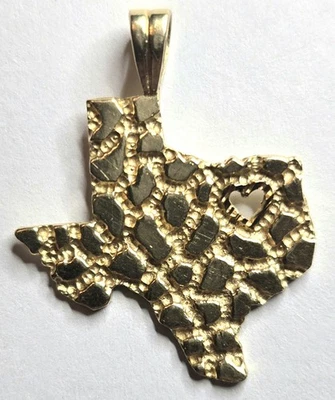 Colgante de oro de 14 quilates de Texas con corazón sobre Dallas-pie que vale la pena mapa pepita encanto Foto 1 de 4
