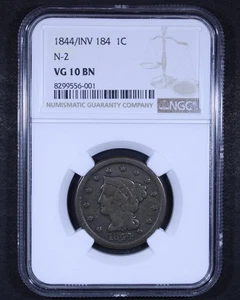 1844 / INV 184 Braided Hair Large Cent (N-2) - 1c NGC VG10 - Strong Overdate! - Picture 1 of 4