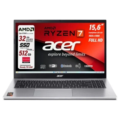Notebook PC Acer Aspire AMD Ryzen 7 SSD NVMe 512 GB RAM 32 GB 15,6 FHD Win11 - Immagine 1 di 4