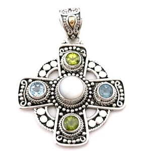 Colgante Cruz Suarti Bali BA Plata de Ley y Oro 18k Topz, Peridoto, MoP - Imagen 1 de 8