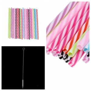 25Pcs Stripe Jar Plastic Reusable Hard Straws Cocktail Drinking Bar + 1Pcs Brush - Picture 1 of 11
