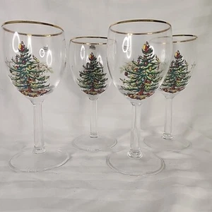Spode Christmas Tree Wine Glasses 13 Ounce with Gold Rims, Set of 4 NEW - Picture 1 of 7
