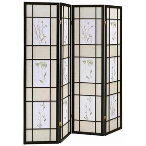 Coaster Traditional Wood Four Panels Floral Folding Room Divider in Black - Picture 1 of 5