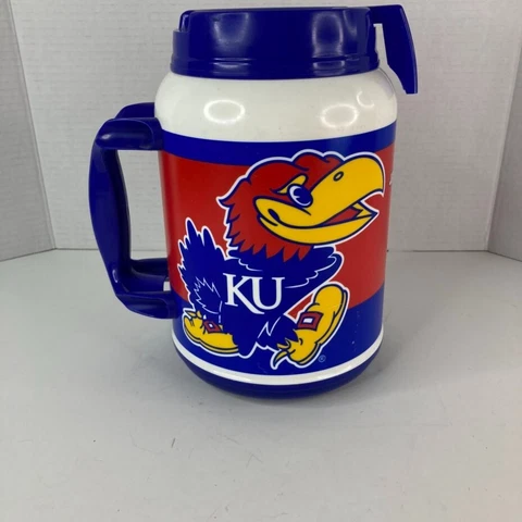 Vintage Kansas Jayhawks Insulated Travel Mug Whirley Large 64 OZ College Mascot Cover