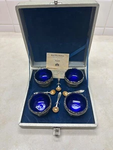 Vintage Corbell Open Salt Cellars W/Cobalt Blue Inserts & Spoons in box - Picture 1 of 5