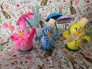 Set 3 Handmade Easter Chicks Vintage Inspired Pink Yellow Blue 3" Handpainted - Picture 1 of 4