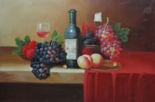 24x36 Still Life With Fruit, Glass of Wine, and Fruit Plates Oil Painting