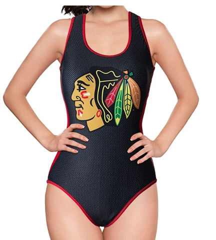 NHL Chicago Blackhawks NEW Women's One Piece Swimsuit Small Black Logo NWT Cover