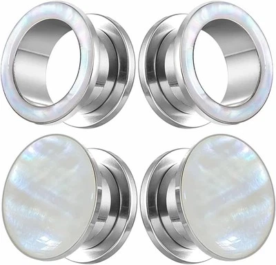 2 Pairs White Pearl Shell Stainless Steel Ear Gauges Plugs 8mm(0g), Silver  - Image 1 of 4