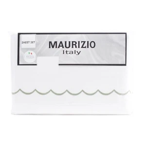 Maurizio Italy Cotton Percale KING Size Sheet Set  Green Embroidered Scallop - Picture 1 of 4