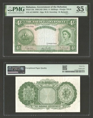 Bahamas Government 1953 Four Shillings Banknote P# 13b Queen Elizabeth II VF 35 - Image 1 of 3