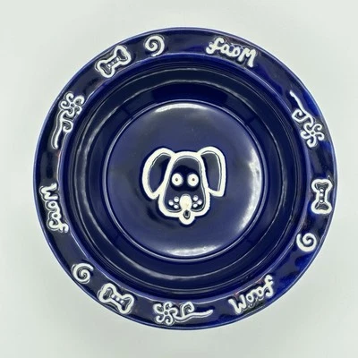 Dark Blue And White Dog Food Bowl Ceramic 7.75 Inch Cute Puppy Face Woof Design - Image 1 of 4