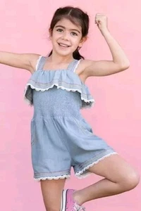 Matilda Jane Dream Chasers Picnic In The Park Romper Denim Smocked Sz 8 Shortall - Picture 1 of 13